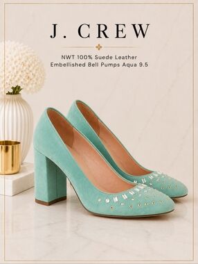 J. CREW Suede Leather Jewel Embellished Bell Pumps Sage Mint Green Seafoam 9.5